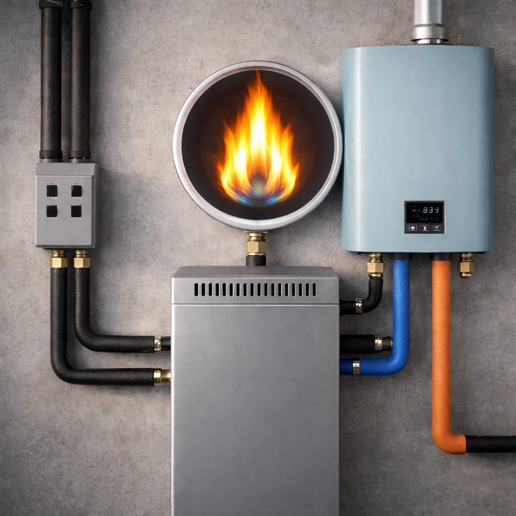 Modern heating system with pipes and flame indicator on a concrete wall.
