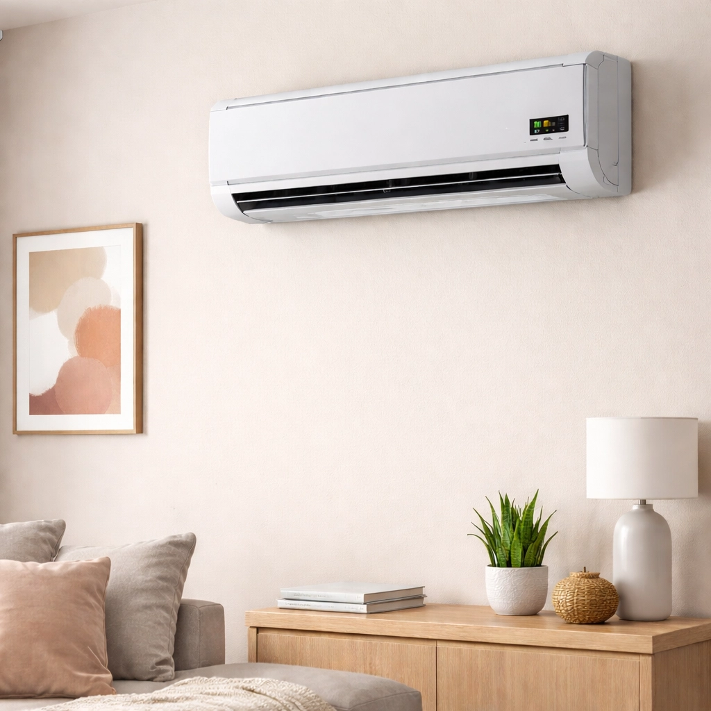 Modern wall-mounted air conditioner in a stylish living room setting.