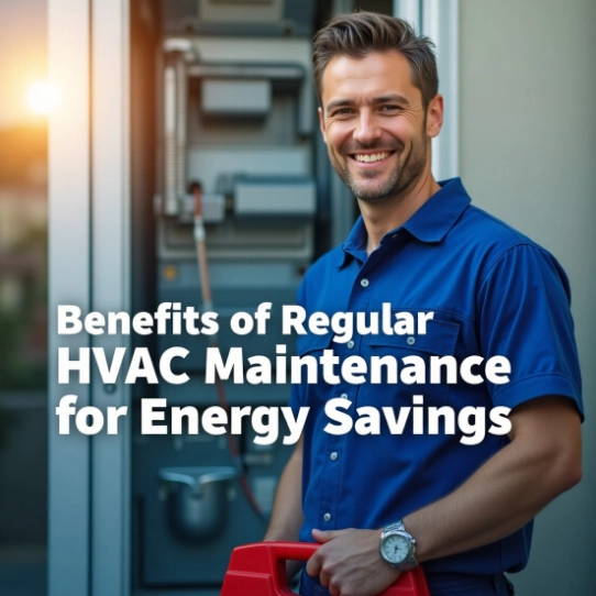 Smiling technician holding a tool with HVAC system in the background.