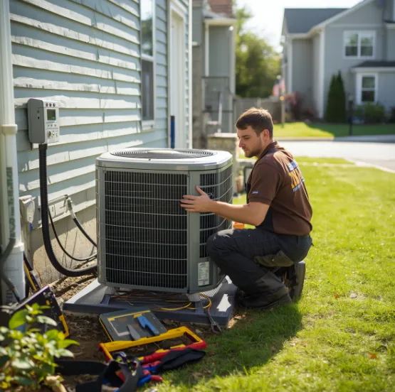 HVAC technician servicing an outdoor air conditioning unit.