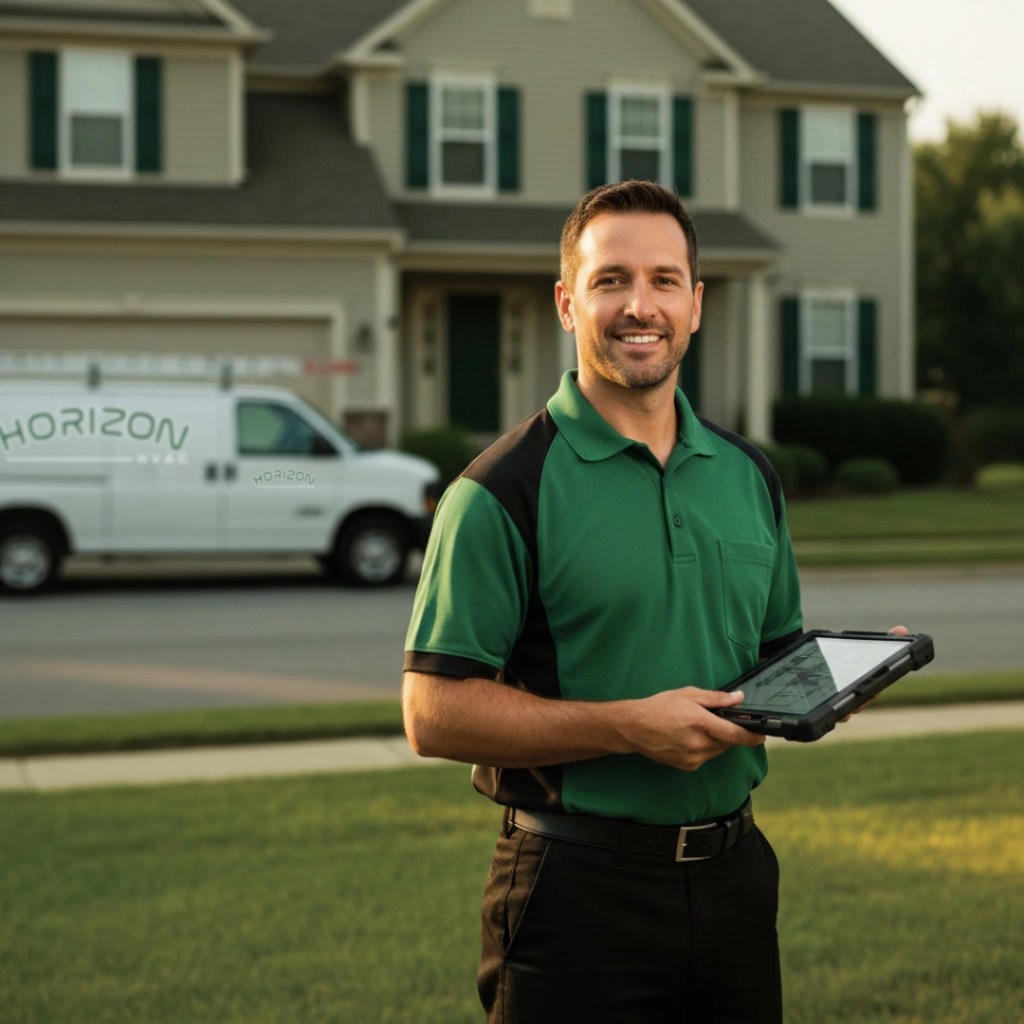 Professional technician holding a tablet outside a home with a service vehicle in the background.